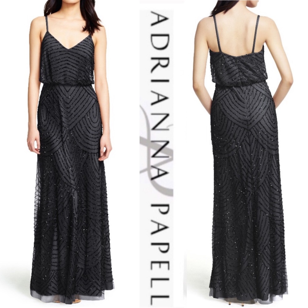 Adrianna Papell Blouson Black beaded long Dress - Picture 2 of 12